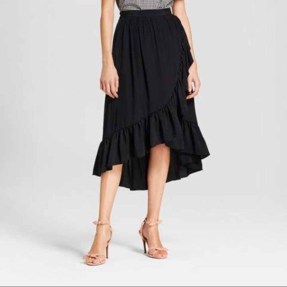 Black High-Low Midi Ruffle Skirt